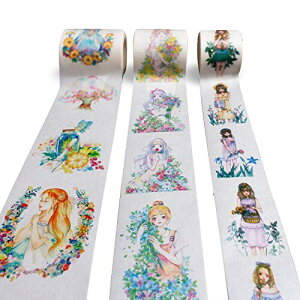 Navy Peonyセレーネ花柄少女和紙テープセット (3巻セット、45mm×5メートル) |防水、水彩、かわいい|手帳、ジャーナル、スクラップブックのための広い装飾的なテープ