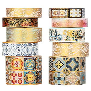 Gold Vintage Washi Tape - Foil Washi Masking Tape Set with Gift Box - Aesthetic Decorative Tape Perfect for Bullet Journal, Scrapbook, DIY Crafts