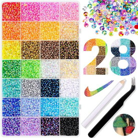 28グリッド ラインストーン 大容量セット、3mm クリスタル ネイルストーンパーツ、アクリル DIY デコレーション、平背ビーズ ジュエリー用