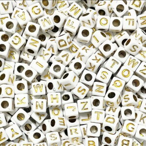 アクリルビーズ アルファベット ABC ローマ字 カラフル ミックス アクリル 原色 キューブ スクエア 四角 正方形 ビーズ 4.5x4.5x4.5mm 穴3mm ミニサイズ 100個 (ホワイト×ゴールド)