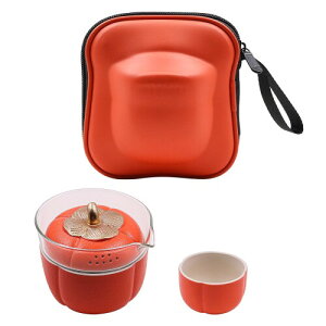 NUZAMAS ポータブルトラベルティーセット 大人用 オレンジ クイックカップ 3個のセラミックティーカップ ティーポット付き アウトドア キャンプ ホーム オフィス用
