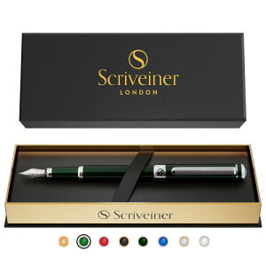 Scriveiner 万年筆 - 非常に濃いブリティッシュ レーシング グリーン、見事な高級ペン、クロム仕上げ、Schmidt製ペン先 (中)、男性と女性、プロフェッショナル、エグゼクティブ、オフィス