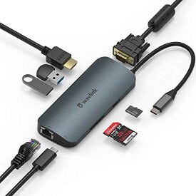 WAVLINK USB-C 8-IN-1変換アダプタ 3.0 ウルトラスリム ハブ 旅行用ポータブルUSB-C ミニドッキング アルミ ニウム製 4 K HDMI/VGA RJ45 SDとMicro SDカードリーダー 軽量 コンパクト Mac OS/Windowsに対応 在