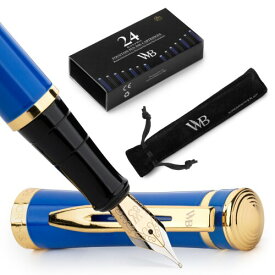 Wordsworth & Black Fountain Pen Set, 18K Glided Medium Nib, Includes 24 Pack Ink Cartridges, Ink Refill Converter & Gift Pouch, Gold Finish, Calligraphy, (Imperial Blue), Perfect for Men & Women