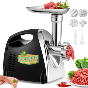 Poafamx ミンサー 電動 3/5/7mm3種カットプレート付き 直径2.1cmソーセージノズル付き ミンチ機 ひき肉機 肉挽き/腸詰め/みじん切り/野菜ひき/味噌作り 豆挽き機 ステンレス鋼 水洗い 日本語