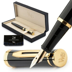 Wordsworth & Black Fountain Pen Set, 18K Glided Broad Nib, Includes 24 Pack Ink Cartridges, Ink Refill Converter & Gift Box, Gold Finish, Calligraphy, (Black Gold), Perfect for Men & Women
