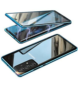 Samsung Galaxy A52 5G用 SC-53B ケース/カバー アルミ バンパー クリア 透明 簡単マグネット装着・前後強化ガラス付き かっこいい サムスン ギャラクシー アルミサイドバンパー(ブルー)