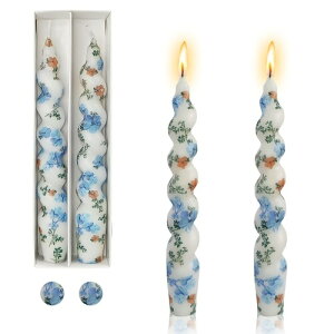 FCMSHAMD 7.3インチカラー印刷のテーパーキャンドル ハンドメイド スパイラルキャンドル 無香ろうそく 家居裝飾 結婚式 ロウソク 2個入り (水色の花)