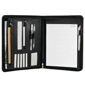 VANRA パッドフォリオ ジッパー付き puレザー A4 ビジネス 収納ポケット 二つ折り 多機能バインダー カード 名刺 オーガナイザー タブレットスリーブ レターパッド付き 会議 事務用品 男性