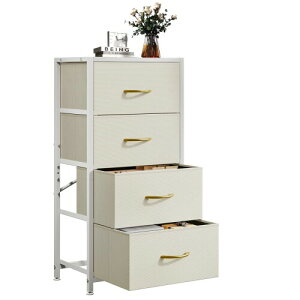 チェスト タンス 収納チェスト スチールフレーム 布製引き出し 木製天板 ランドリーチェスト サイド リビング収納 スリム 洋服 衣類小物収納 組立簡単 大容量 4段 ホワイト