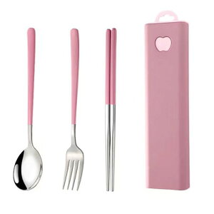 ステンレス製 スライド式 ケース付き 操作簡単 携帯便利 学生 大人用 学校給食 ランチ アウトドア キャンプ 箸 スプーン フォーク セット 弁当用 カトラリーセット (ピンクです)