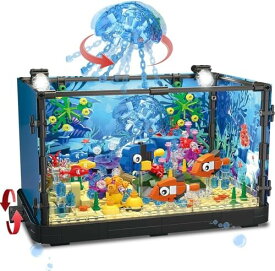水槽ビルディングブロックセット大人用 照明 水族館 ビルディングブロック おもちゃ 男の子 女の子 8~14歳 海のクラゲ 蟹 魚 725個 (クラゲ)
