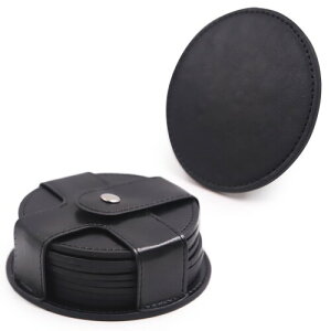 TOSSOW コースター PU 収納ケース付き 滑り止め 耐熱パッド おしゃれ コースター 円形 8個セット(ブラック)