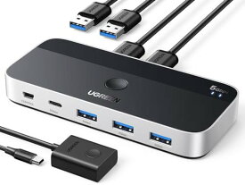 UGREEN USB3.0 切替器 2PCでUSB-C&Aデバイス共有 5Gbps高速転送 USB 切り替え プリンタ/マウス/キーボード/ハブなどを切替 リモコン＆切替ボタン 切り替え機 2*USBケーブル&リモコン付き シルバー