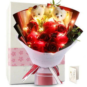 FAUHAL LEDつきのバラ ソープフラワー 母の日ギフト 敬老の日 女性 プレゼント 花束 ベア 枯れない花 赤いバラ 造花 くま束 ブーケ ぬいぐるみ(ベア2匹、ローズ8輪) ?意プレゼント 新年
