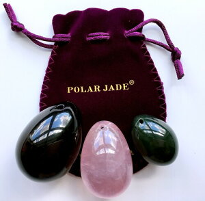 Yoni Eggs 3-pcs Set of 3 Gemstones, Drilled, with String & User Instructions, Made of Nephrite Jade, Rose Quartz and Black Obsidian, L/M/S 3 Sizes for Training Love Muscles as Kegel Exercisers by Polar Jade