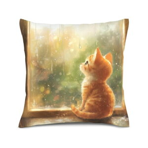 雨の日の子猫デザイン装飾クッションカバー, アート風イラスト, インテリア枕カバー,?麻抱枕套 50*50cm