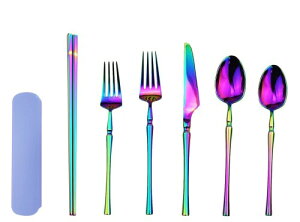 カトラリーアソートセット Gugrida 洋食器セット、カトラリー、デザートカトラリー付き、304ステンレス食器、鏡面磨き、箸セット (虹色, 6点セット(箸付き))