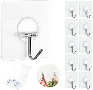 Camogie 壁掛けフック 耐荷重10KG 工事不要 透明フック 粘着フック 強力フック 壁フック 傷つけない 貼り付け跡なし 穴開けない 防水 防湿 キッチン トイレ 錆びない (高?フック(10枚盒装))