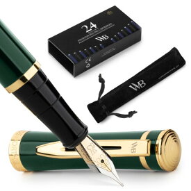 Wordsworth & Black Fountain Pen Set, 18K Glided Medium Nib, Includes 24 Pack Ink Cartridges, Ink Refill Converter & Gift Pouch, Gold Finish, Calligraphy, (Racing Green), Perfect for Men & Women
