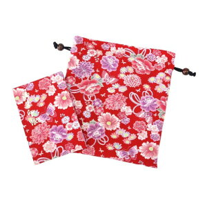 和柄 御朱印帳 巾着 セット 集印帳 ご朱印帳入れ 16×10.9cm ちりめん 綸子 蛇腹式 24折48面 (花と蝶赤)