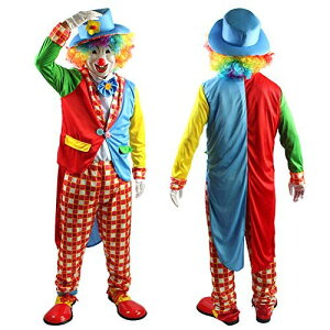 IRIWA ピエロ衣装 ハロウィン コスチューム 豪華5点フルセット 上下服 手袋 帽子 マスク ウィッグ 男女共用 Halloween クリスマス道化師コスプレ 仮装セット