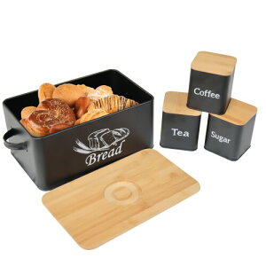 SOTECHパン収納ケース、コーヒー砂糖茶缶 収納ケース3個セット 竹製まな板蓋 食品容器(ブラック大容量 金属製 簡単にクリーンアップ)