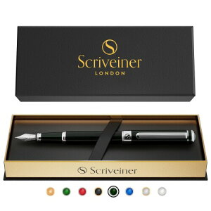 Scriveiner Black Green Fountain Pen - Stunning Luxury Pen with Chrome Finish, Schmidt Nib (Medium), Best Pen Gift Set for Men & Women, Professional, Executive, Office, Nice Pens