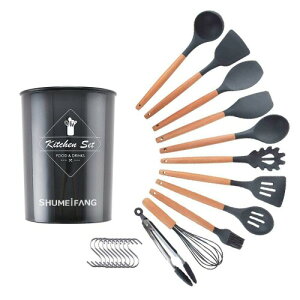 shumeifang キッチンツールセット シリコン 木製 11点セット 調理器具 製菓器具 トング 泡立て器 スパチュラ フライ返し おたま スプーン レードル パスタサーバー 黒