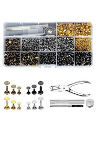 YFFSFDC レザークラフト カシメセット 3サイズ 4種色リベット スタッズ 底鋲 打ち具セット 丸形6mm 8mm 12mm 穴あけ 打ち具 打ち台 パーツ DIY 手作り ベルト 布革細工 靴 ジーンズカバン 収納ケ