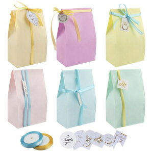 (TEMLUM) ラッピング袋 紙袋 ギフトバッグ 紙バッグ 包む 24枚セット シール付き リボン付き タグ付き 小サイズ 平袋 シンプル おしゃれ 可愛い 包装 リサイクル可能 誕生日 結婚式 収納 (マ