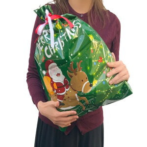 クリスマス ラッピング袋 袋 中 ポリエチレン W370×H510 mm (緑) プレゼント ギフト 大きい 中サイズ リボン付 誕生日 包装