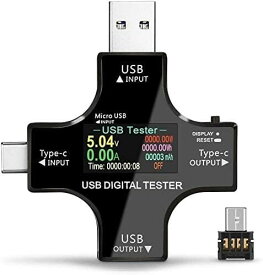 USBパワーメーターテスター、多機能2 in 1 C型USBテスターをアップグレードし、LCDデジタルマルチメーター、電圧、電流、パワー容量、温度、動作時間検出器（OTGアダプター付き）