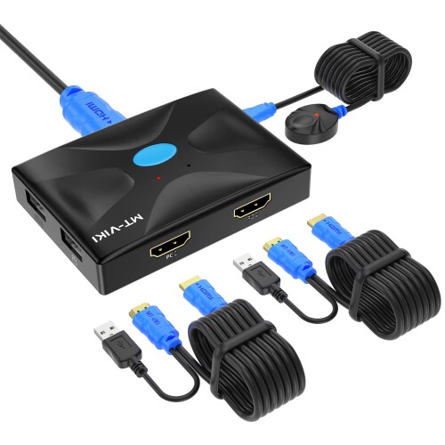 MT-VIKI HDMI KVMスイッチ 2ポート KVM USB 切替器 2入力1出力、HDMI KVM 切り替え器 4K 30Hz パソコン切替器 USB セレクター 電源不要 ドライバ不要 USB2.0 ケーブル付き