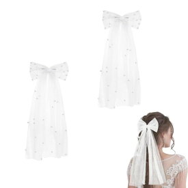 ブライダルパールボウベール、バレッタヘアクリップ付き大型ヘアリボン、ウェディングショートホワイトベールバレッタ、花嫁アクセサリー、花嫁介添人女性ウェディングパーティー