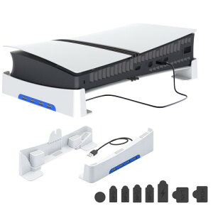 PS5 Slim用 横置きスタンド PhyiFlbey PS5 Slim用 スタンド 4つのUSBポート付き PS5 冷却 転倒防止 地震対策 放熱改善 滑り止めシリコン 省スペース設計 取り付け簡単 PS5 スリム用ポートキャップ