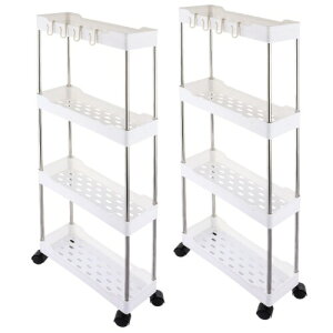 OMIQIY 2個セット キッチンワゴン キャスター付き 4段 (幅35×奥行13×高さ85cm) 収納ワゴン スリム キッチン収納カート 隙間収納 おしゃれ 耐荷重21kg 多機能 小物 食品 調味料 収納 組立簡単
