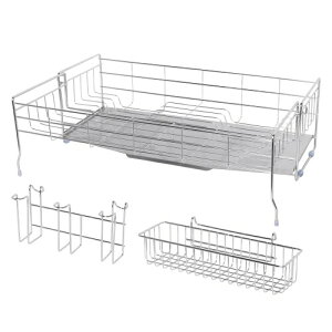 BITTOP 伸縮式水切りラック 隙間に置ける シンクサイド スリム水切りかご スライド式 ワイヤーバスケッ 18-8ステンレス 奥行20-37cm 幅56.5×高さ17.5cm 食器置き場 小物ポケット 3連グラススタ