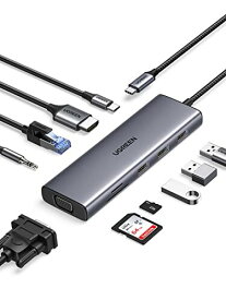 UGREEN 10-in-1 USB C ハブ 4K HDMI& VGA出力 USBハブ 3xUSB3.0 ハブ 100W PD急速充電 1Gbps イーサネット 3.5mmオーディオポート付き SD/MicroSDカードリーダー搭載 ドッキングステーション rog MacBook Pro iMac Del