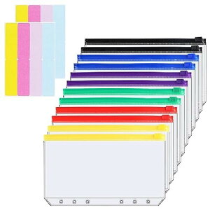 Getrays 12個 A6 バインダーポケットとラベルシール、防水 PVC 多彩 ジッパーフォルダー ルーズリーフバッグ 予算バインダー用、半透明 6穴 現金封筒 ファイリングバッグ ために レシート