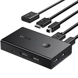 UGREEN HDMI KVM切替器 2入力1出力 キーボード、マウス、モニターを共有 PC2台用 4K@60Hz USB2.0 4ポート 切替器 HDMI2.0専用 ドライバー不要 簡単接続 手元スイッチ&USBケーブル付