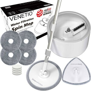VENETIO 自清潔360°回転モップ&バケツセット | 省水型 乾湿両用 片手で簡単脱水 | ペット家庭に最適な深層床面清掃ツール | 水フィルター機能搭載