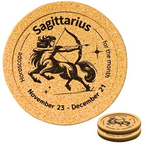 HikariAtari 星座コースター、おしゃれなイラスト、コルク、丸型、 十二星座各2枚入り、プレゼントに最適、ジッパー付きクリアケース (射手座)