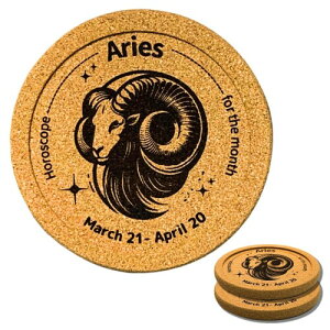 HikariAtari 星座コースター、おしゃれなイラスト、コルク、丸型、 十二星座各2枚入り、プレゼントに最適、ジッパー付きクリアケース (牡羊座)