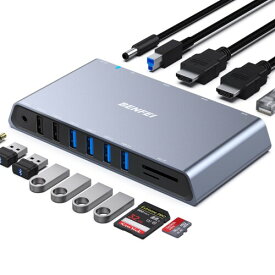 BENFEI 12-in-1 USB 3.0 USB-C Dock Station ドッキングステーション、デュアル HDMI ディスプレイ/6*USB ポート/SD/TF カードリーダー/1Gbpsギガビットイーサネットネットワーク/3.5mm メスヘッドフォンジ