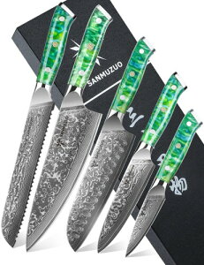 SANMUZUO Chef Cooking Knives Set- Kitchen Knife Set of 5 Piece - Ultra-Sharp VG10 Damascus Steel & Resin Handle - Xuan Series (Jade Green)
