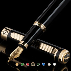 Scriveiner 製 黒漆万年筆. - 魅力的な美しさの24K金仕上げ高級万年筆、Schmidt 18K金メッキペン先(幅広)、男性にも女性にも、プロフェッショナル、重役、職場にも最適な上品な万年筆ギフ
