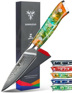 SANMUZUO 3.5 Inch Paring Knife - Kitchen Fruit Vegetable Knife Damascus Steel & Resin Handle - XUAN Series (Fantasy Orange)