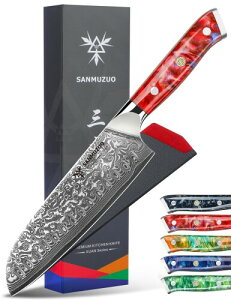 SANMUZUO Santoku Knife - 7 inch - Xuan Series - VG10 Damascus Steel Kitchen Knife - Resin Handle (Sunset Red)