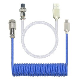 カスタム コイル状 アビエイター キーボード ケーブル航空コネクター USB Type-cゲーミングキーボードケーブル（ブルー＆ホワイト）